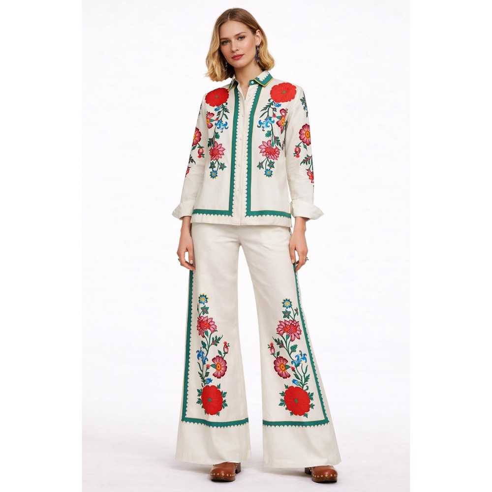 Floral Embroidered Two Piece‎ Set Cream Wide Leg Pants Button Down Shirt Large
